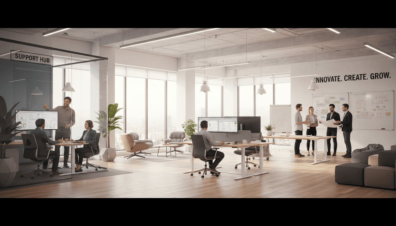 Open professional office with dual-monitor workstations, a small server rack and network switches in a glass closet, ceiling Wi-Fi access points, and structured cabling at a patch panel, conference table in the foreground, clean contemporary commercial photography