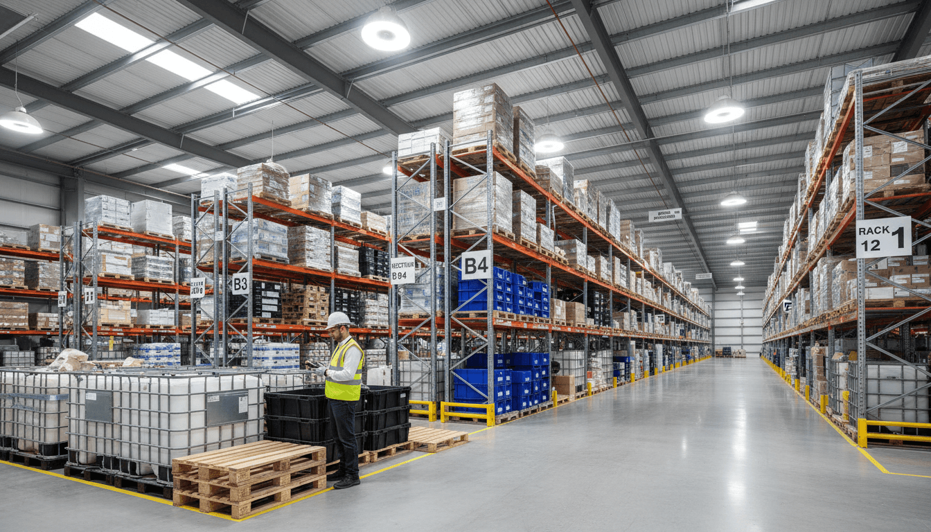 Warehouse aisle with pallet racking and a worker using a handheld barcode scanner, wall-mounted network cabinet, industrial Wi-Fi access points, ceiling security cameras, and inventory terminals on a packing station near the loading dock, realistic industrial commercial photography