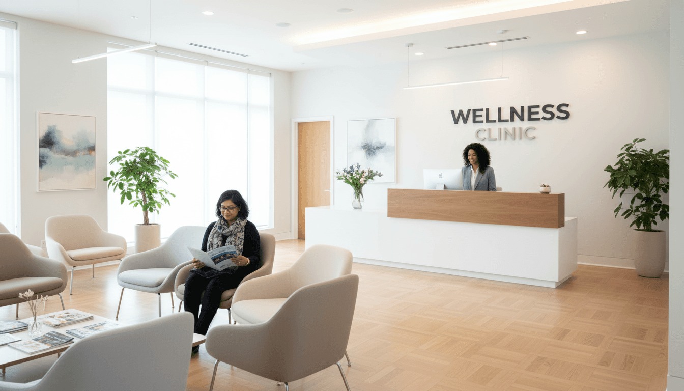 Medical clinic reception area with a modern desk and waiting chairs