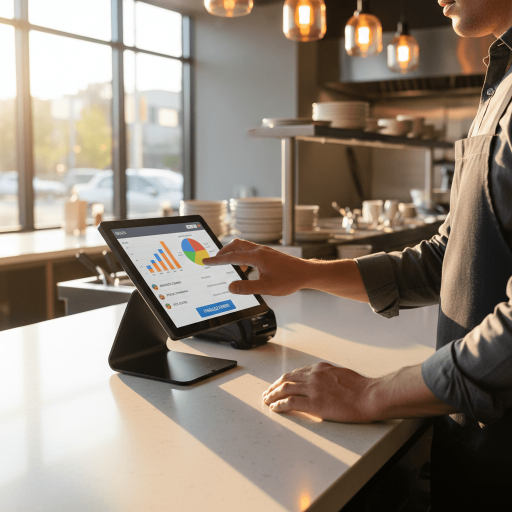 Busy restaurant host stand with a touchscreen POS terminal, receipt printer, and guest Wi-Fi router on a warm wood counter during dinner service