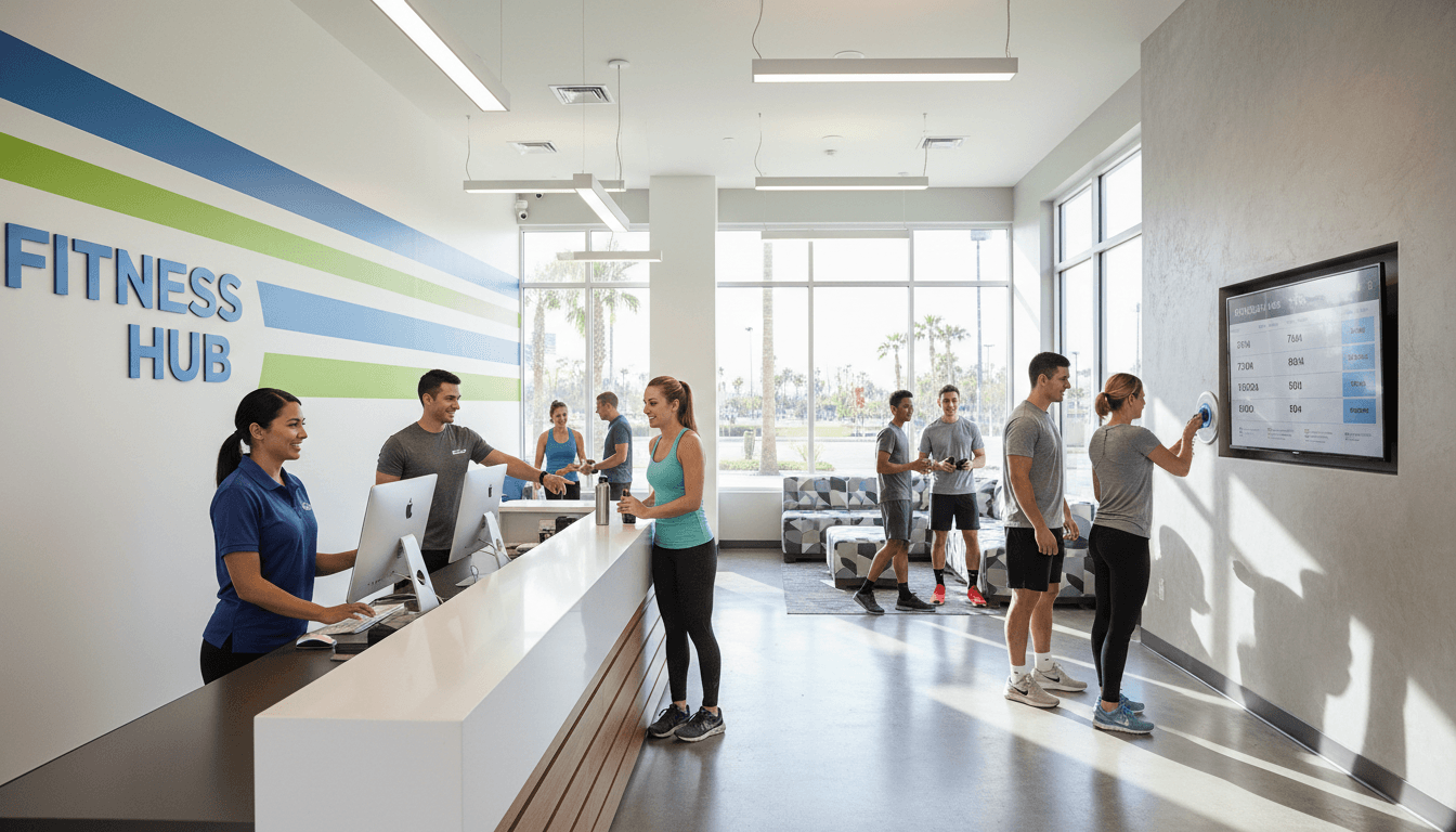 Modern gym reception and workout floor with member access-control turnstile and badge reader, front-desk computer and membership software, ceiling Wi-Fi access points, wall-mounted security cameras, and a network cabinet near the desk, treadmills in the background, bright realistic commercial photography
