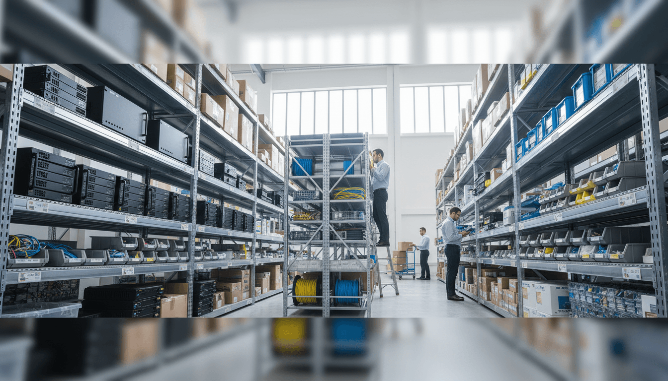 Warehouse staging floor with sealed server racks, boxed networking switches, coiled fiber, and palletized commercial hardware ready for deployment, documentary lighting