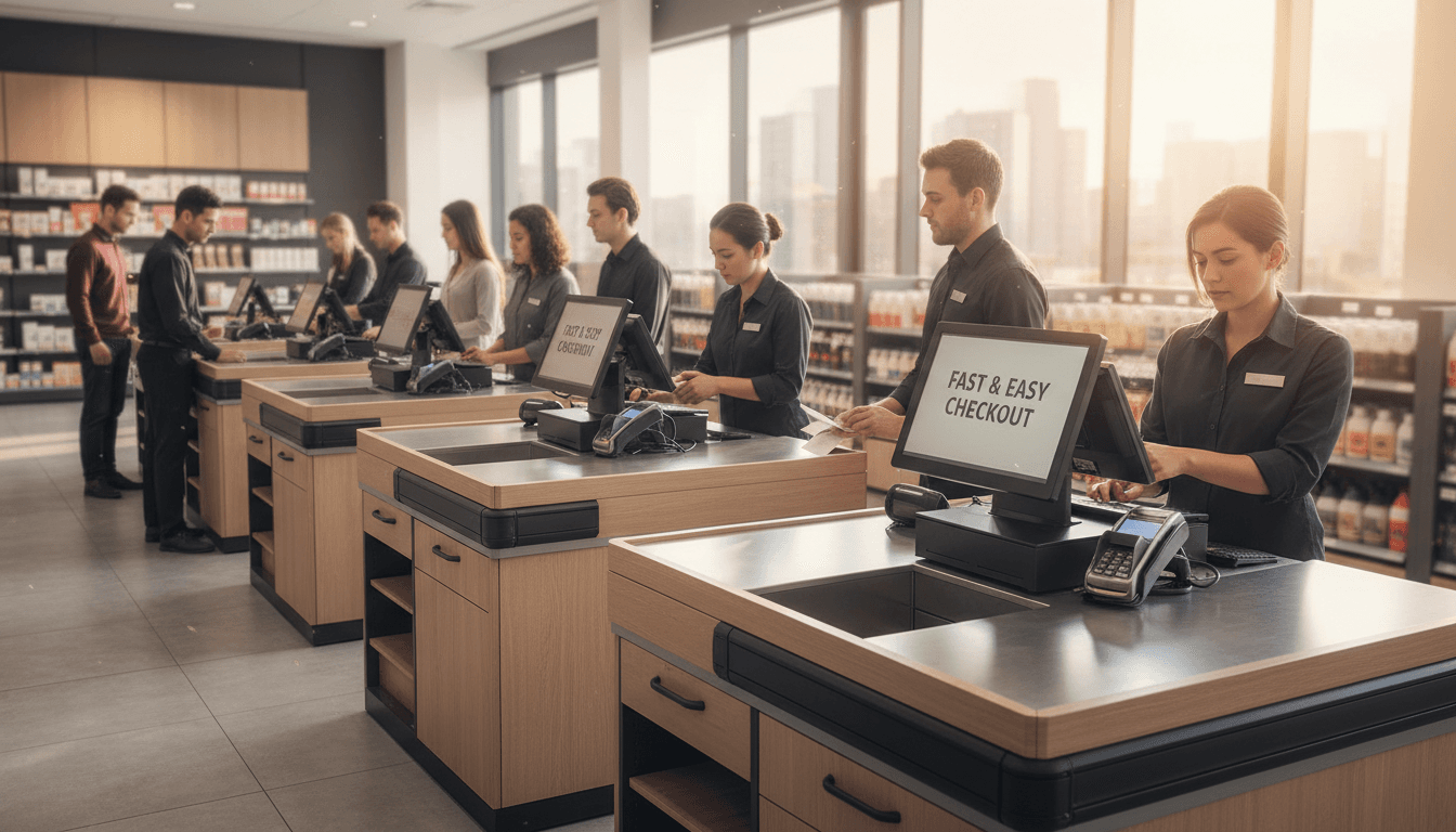 Apparel retail checkout counter with POS terminals, handheld barcode scanners, a receipt printer, ceiling security cameras, and visible networking gear on a shelf behind the register, neatly merchandised clothing racks in natural window light, realistic store photography
