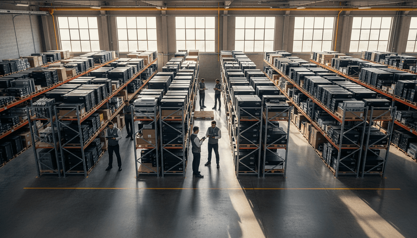 Warehouse fulfillment floor with palletized enterprise servers, networking crates, and technicians in high-visibility vests staging commercial IT equipment for delivery under bright overhead lights