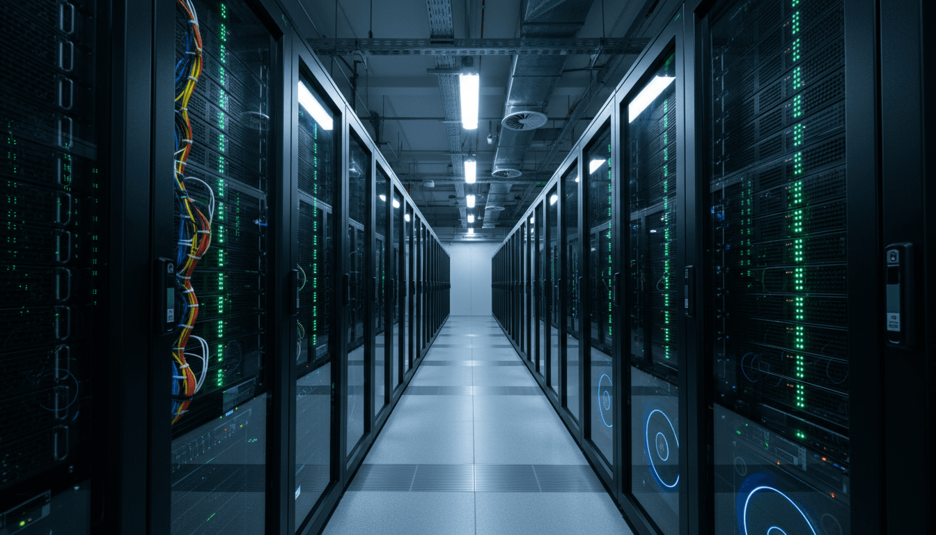 Modern data center with rows of server racks and networking equipment