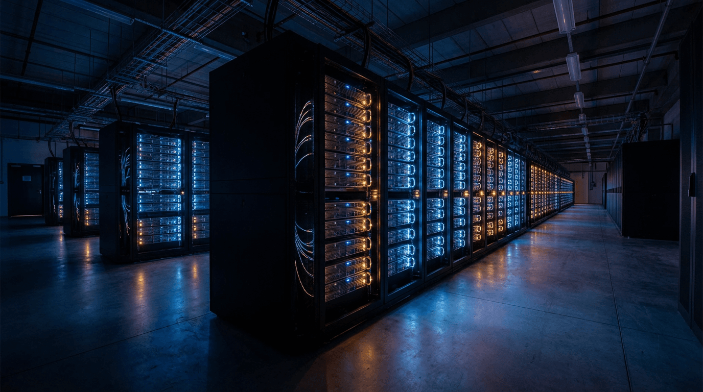 Modern data center with rows of server racks in a dark room with subtle lighting