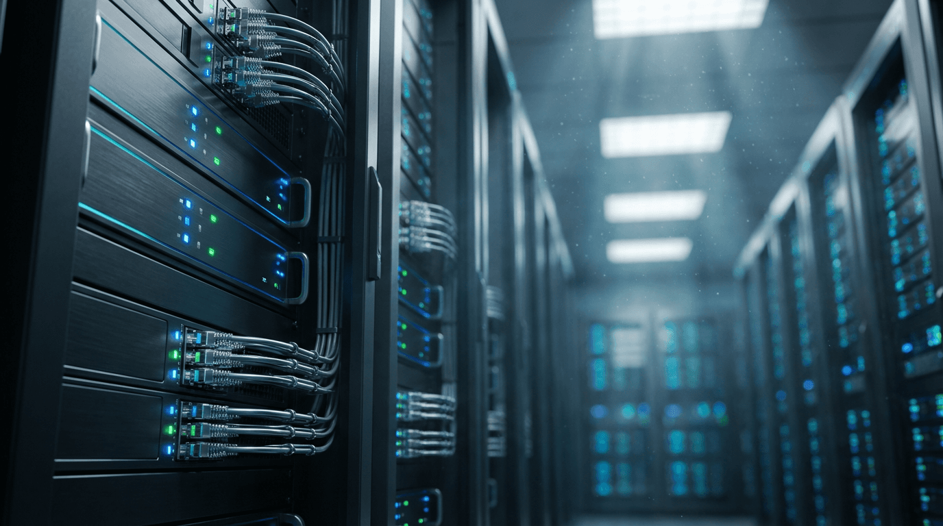 Modern data center server racks with LED lights in clean dark room