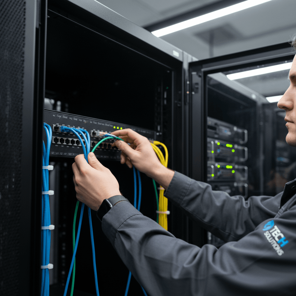 Technician installing a server rack in a modern data center