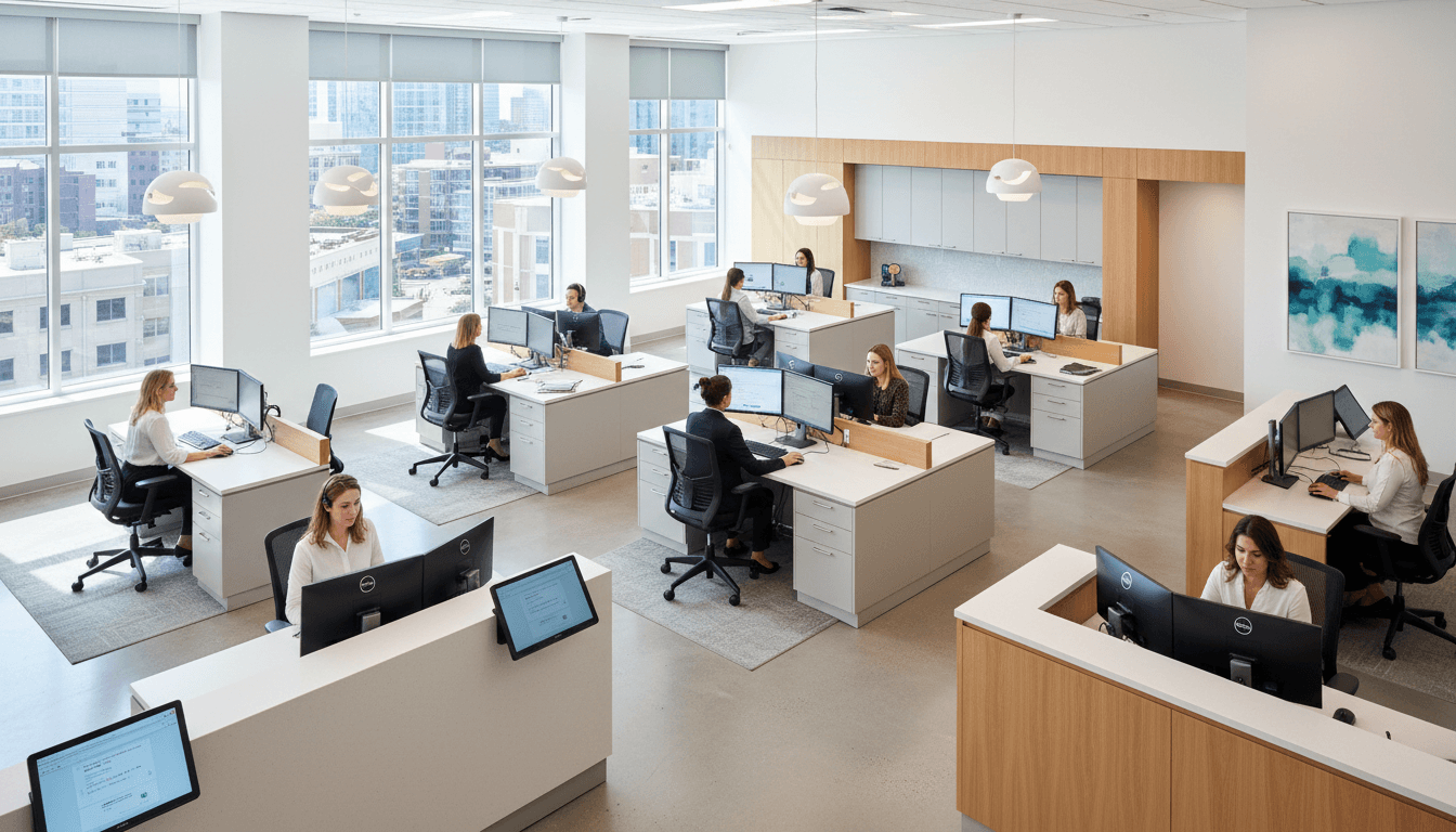 Clinic exam-adjacent workstation area with medical computers, locked network equipment cabinet, on-site data storage NAS, badge reader on the door, and a security camera in the hallway, calm healthcare interior, realistic commercial photography