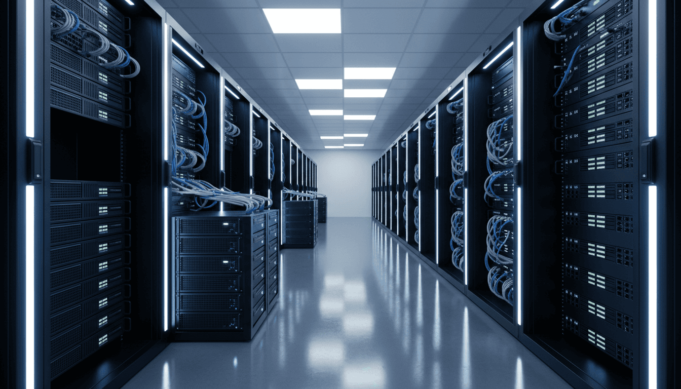 Modern data center with rows of server racks and organized cabling