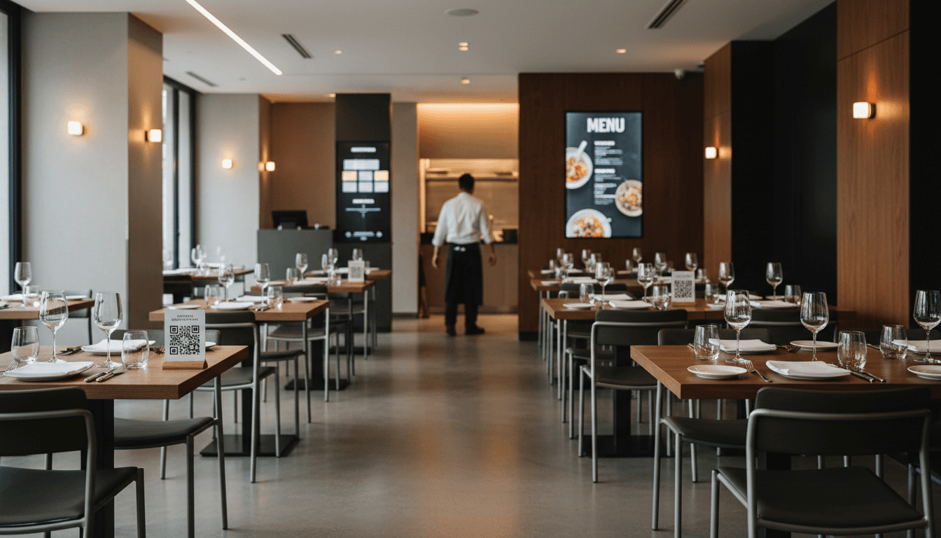 Restaurant host stand in a contemporary dining room with seating