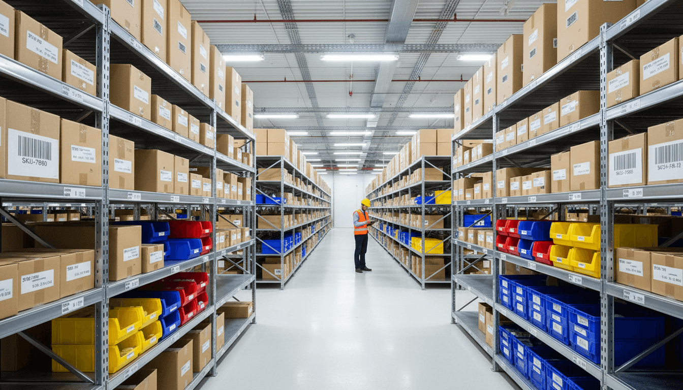 Warehouse aisle with tall shelving and overhead security cameras